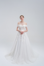 Load image into Gallery viewer, A-line wedding dress with convertible off-shoulder to strapless design, lace and bead details, and a shimmering tulle skirt for a romantic, elegant bridal look
