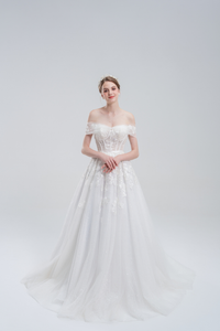 A-line wedding dress with convertible off-shoulder to strapless design, lace and bead details, and a shimmering tulle skirt for a romantic, elegant bridal look