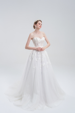 Load image into Gallery viewer, A-line wedding dress with convertible off-shoulder to strapless design, lace and bead details, and a shimmering tulle skirt for a romantic, elegant bridal look
