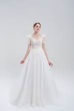 Load image into Gallery viewer, Elegant A-line wedding dress with lace puff sleeves, beaded bodice, and sparkling tulle skirt for a romantic, vintage-inspired bridal look
