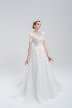Load image into Gallery viewer, Elegant A-line wedding dress with lace puff sleeves, beaded bodice, and sparkling tulle skirt for a romantic, vintage-inspired bridal look
