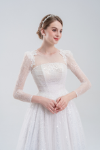 Load image into Gallery viewer, Elegant A-line wedding dress with long lace sleeves, sequin lace fabric, and intricate bead embroidery for a timeless, romantic bridal look.
