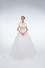 Load image into Gallery viewer, Off-shoulder ballgown wedding dress with bead embellishments and lace details – regal and romantic bridal gown

