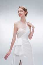 Load image into Gallery viewer, Elegant mermaid wedding dress with halter neckline, beaded details, high slit, and long train – modern bridal gown
