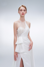 Load image into Gallery viewer, Elegant mermaid wedding dress with halter neckline, beaded details, high slit, and long train – modern bridal gown
