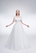 Load image into Gallery viewer, Elegant A-line wedding dress with off-shoulder bow neckline, soft organza fabric, timeless bridal look – romantic &amp; sophisticated gown
