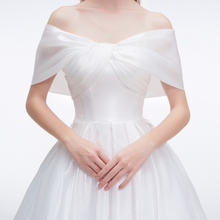 Load image into Gallery viewer, Elegant A-line wedding dress with off-shoulder bow neckline, soft organza fabric, timeless bridal look – romantic &amp; sophisticated gown
